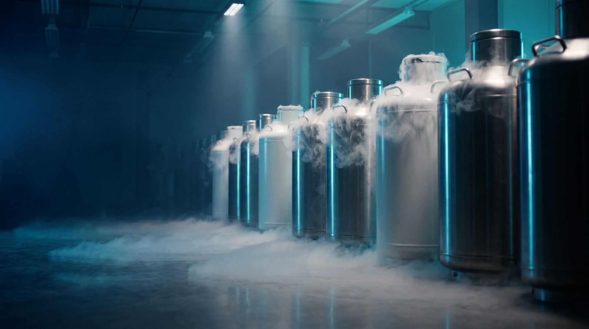 Illustration: a row of cryogenic storage dewars wrapped in liquid-nitrogen fog